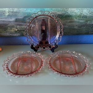 3 OLD COLONY Anchor  Depression Glass Platter Serving Plates Divided Lace edge